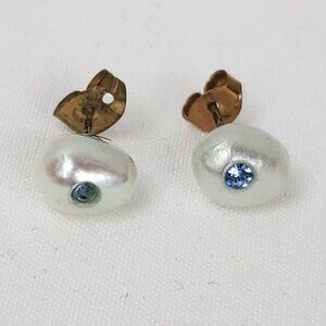 Freshwater Drop Shape Pearl Stud Earrings W/Sapphire Stone Inset